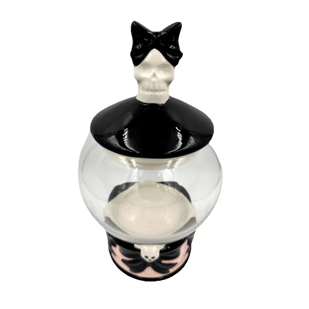 Cobwebs & Cauldrons Candy Jar Black White Glass Skeleton Bow Halloween Gothic